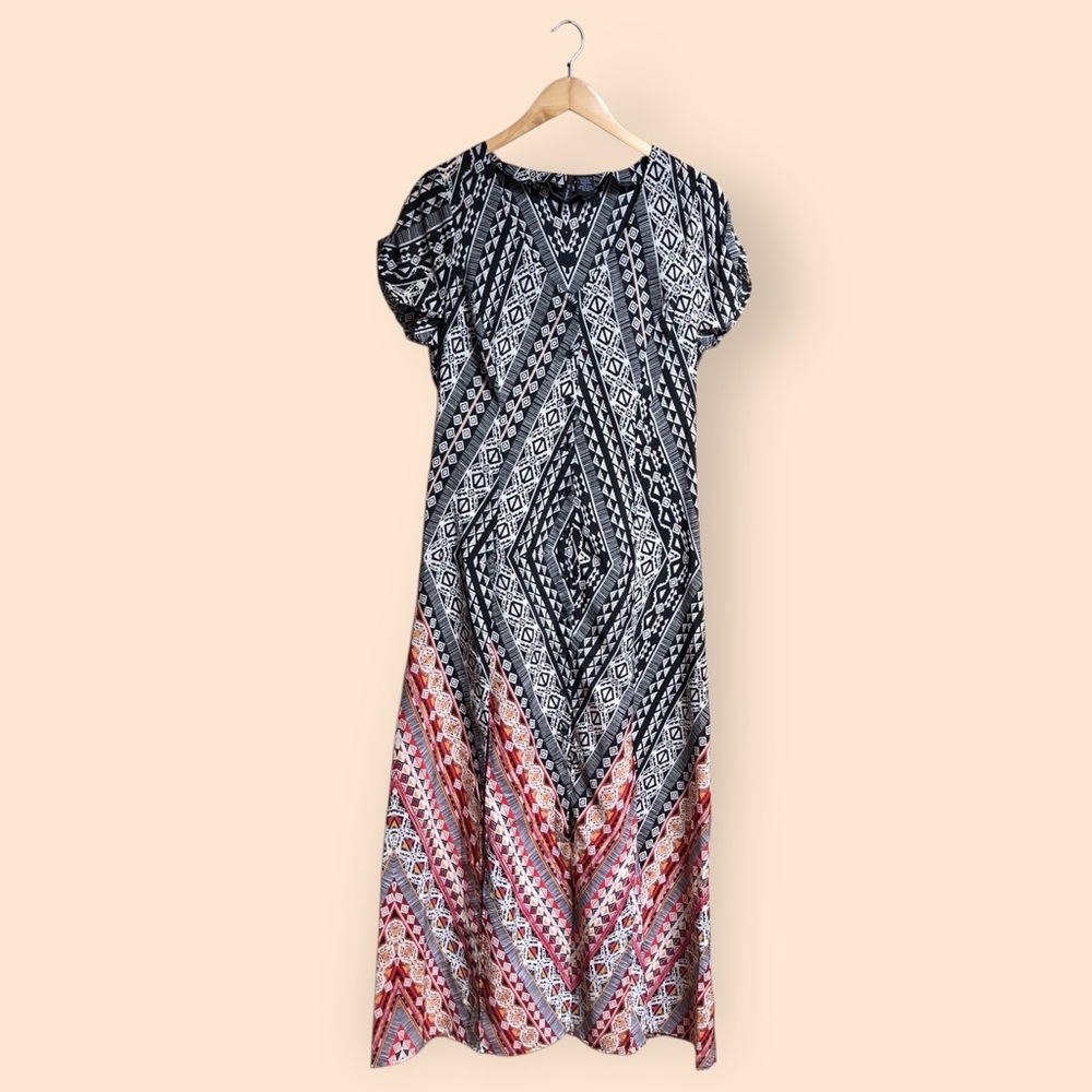 Fire Los Angeles Aztec Patterned Maxi Dress Black White Red Button Front Women L